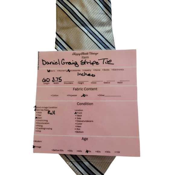 Vintage Daniel Craig Beige and Black Preppy Stripe Silk Tie - Picture 4 of 7